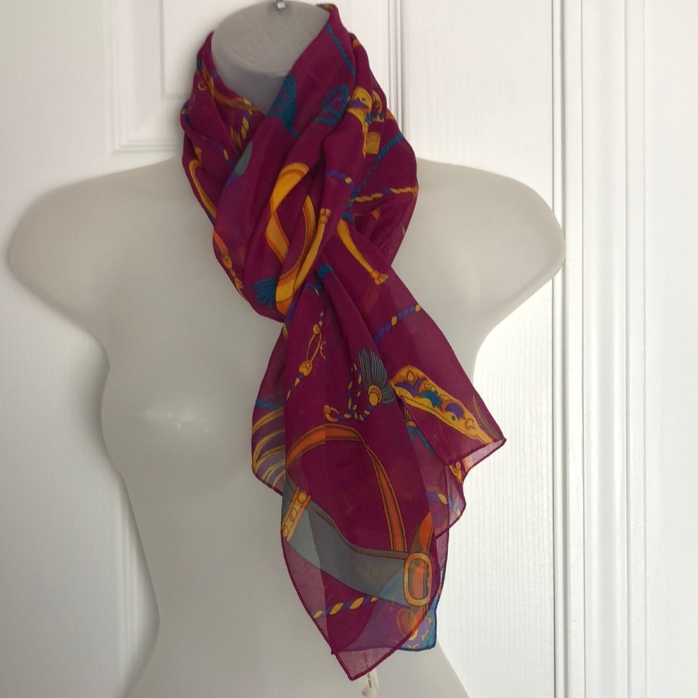 VTG Equestrian Printed Oblong Elegant Scarf. Polyester. Burgundy. Made in Italy